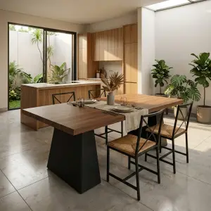 Meja Makan Top Kayu Kaki Trapesium Metal Hitam [4]