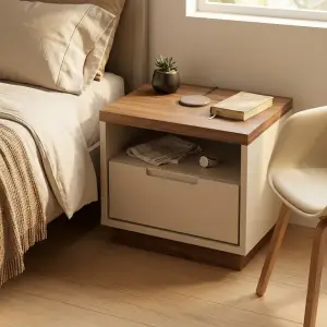 Nakas Minimalis Kayu Walnut Kombinasi Putih 1 Laci Open Shelf