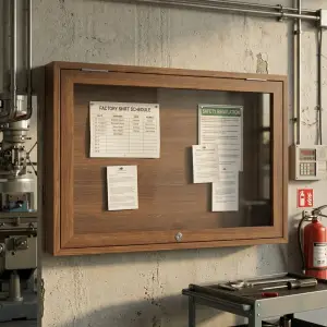 Papan Informasi Berpintu Kaca Finishing Walnut
