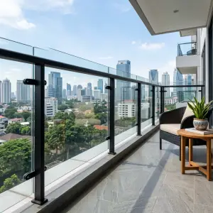 Railing Balkon Kaca Tempered Frame Besi Hollow Finishing Powder Coat