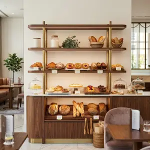 Rak Display Bakery Besi Finishing Gold dengan Rak Kayu 5 Susun