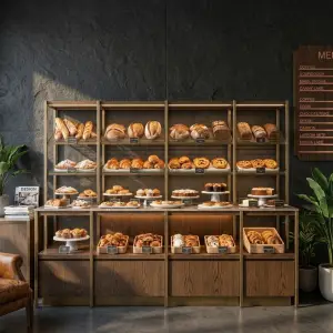 Rak Display Bakery Besi Finishing Gold dengan Rak Kayu 5 Susun