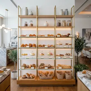 Rak Display Bakery Besi Kayu Finishing Gold
