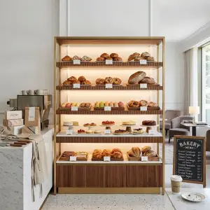 Rak Display Bakery Besi Kayu Gold Finishing dengan LED