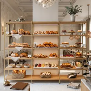 Rak Display Bakery Rangka Besi Finishing Gold dengan Rak Kayu [2]