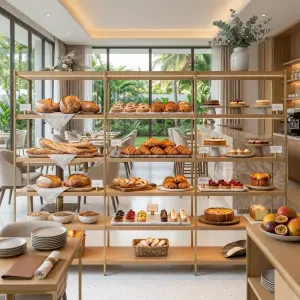 Rak Display Bakery Rangka Besi Finishing Gold dengan Rak Kayu [4]
