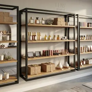 Rak Display Besi Kayu 4 Susun Gaya Industrial Modern
