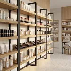 Rak Display Besi Kayu 5 Susun untuk Toko Kosmetik dan Skincare