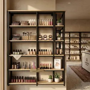 Rak Display Besi Kayu Gaya Industrial untuk Toko Kosmetik dan Retail