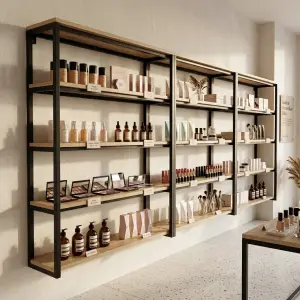 Rak Display Besi Kayu Gaya Industrial untuk Toko Kosmetik dan Retail [3]