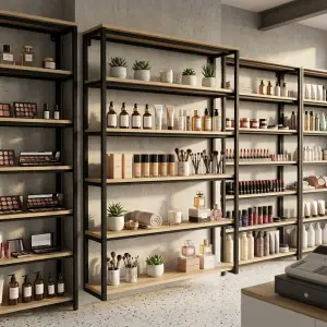 Rak Display Besi Kayu Gaya Industrial untuk Toko Kosmetik dan Retail [4]