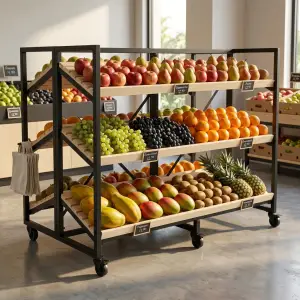 Rak Display Buah 3 Tingkat Rangka Besi Rak Kayu Beroda