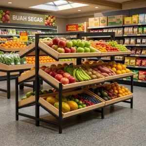 Rak Display Buah Sayur 3 Tier Rangka Besi Baki Kayu