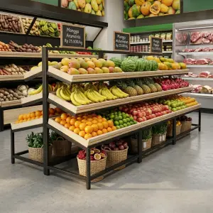 Rak Display Buah Sayur 3 Tier Rangka Besi Baki Kayu