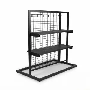 Rak Display Gridwall dengan Rak Kayu dan Hook Gantung