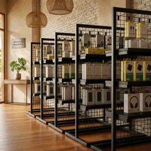 Rak Display Gridwall dengan Rak Kayu dan Hook Gantung [4]