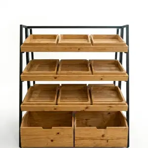 Rak Display Kayu Besi 4 Tier dengan Kotak Susun