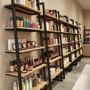 Rak Display Ladder Wall-Mount Rangka Besi Rak Kayu