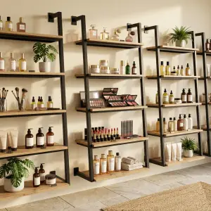 Rak Display Ladder Wall-Mount Rangka Besi Rak Kayu [3]