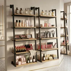 Rak Display Ladder Wall-Mount Rangka Besi Rak Kayu [4]