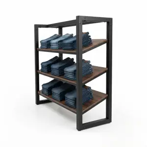 Rak Display Pakaian 3 Tier Rangka Besi Alam Kayu