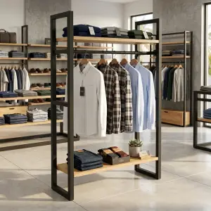 Rak Display Pakaian Besi Kayu Gantung Industrial
