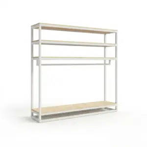 Rak Display Pakaian Besi Kayu Open Shelf dengan Hanging Rail