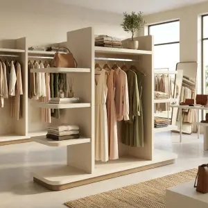 Rak Display Pakaian dengan Hanging Rail dan Rak Samping Bertingkat