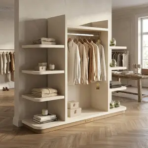 Rak Display Pakaian dengan Hanging Rail dan Rak Samping Bertingkat [4]