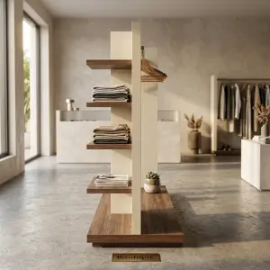 Rak Display Pakaian Hanging Rail dan Rak Susun Material Kayu
