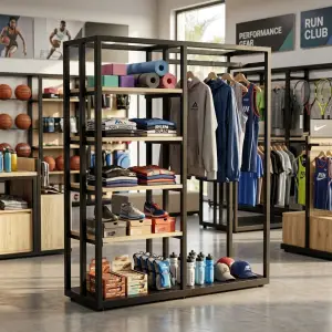 Rak Display Pakaian Kombinasi Rak Shelf dan Rail Gantung