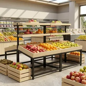 Rak Display Pakaian Kombinasi Rak Shelf dan Rail Gantung