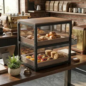 Rak Display Pastry Besi Kayu 2 Susun Kaca Akrilik [3]