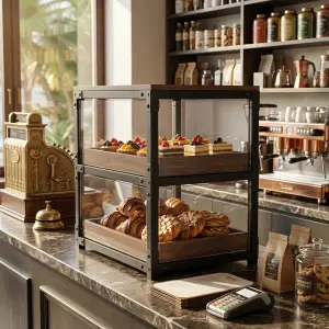 Rak Display Pastry Besi Kayu 2 Susun Kaca Akrilik [5]