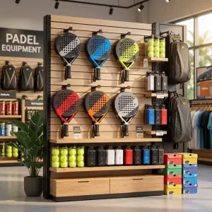 Rak Display Raket Padel Slatwall Panel Kayu dan Besi [3]