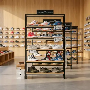 Rak Display Sepatu 5 Susun Rangka Besi Rak Kayu