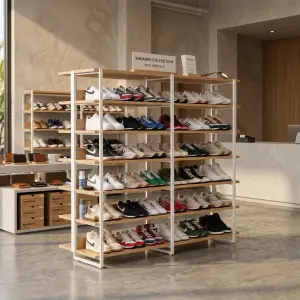 Rak Display Sepatu 7 Susun Rangka Besi Rak Kayu