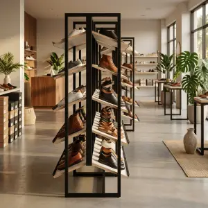 Rak Display Sepatu Besi Kayu Rak Miring Bertingkat