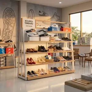 Rak Display Sepatu Toko Retail Rangka Besi Finishing Putih