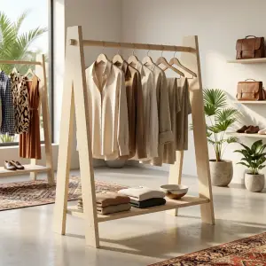 Rak Gantung Pakaian A-Frame Kayu dengan Rak Bawah