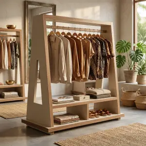 Rak Gantung Pakaian A-Frame Kayu dengan Rak Penyimpanan