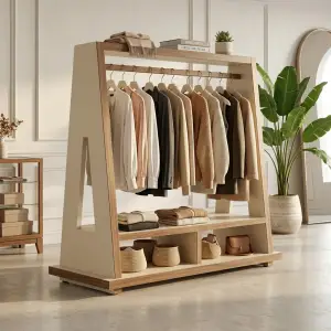 Rak Gantung Pakaian A-Frame Kayu dengan Rak Penyimpanan [5]