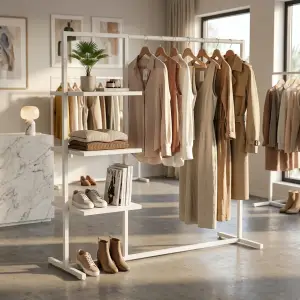 Rak Gantung Pakaian dengan Rak Shelving Minimalis