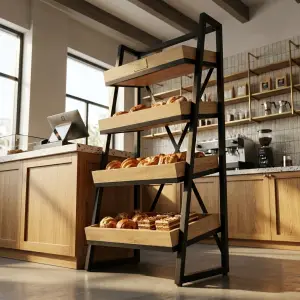 Rak Pastry Display 4 Susun Rangka Besi Nampan Kayu [3]