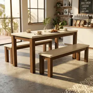 Set Meja Bench Cafe Kayu Dua Tone