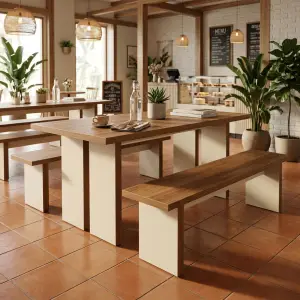 Set Meja Bench Cafe Kayu Walnut Two-Tone