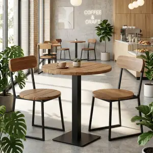 Set Meja Bulat Kaki Besi & Kursi Kayu Industrial untuk Cafe