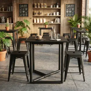 Set Meja Cafe dan Stool Kayu Walnut Kaki Metal Hitam