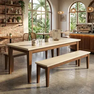 Set Meja Cafe dengan Bangku Kayu Walnut Top Cream