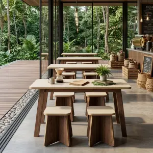 Set Meja Cafe dengan Stool Kayu Walnut Top Laminasi [3]